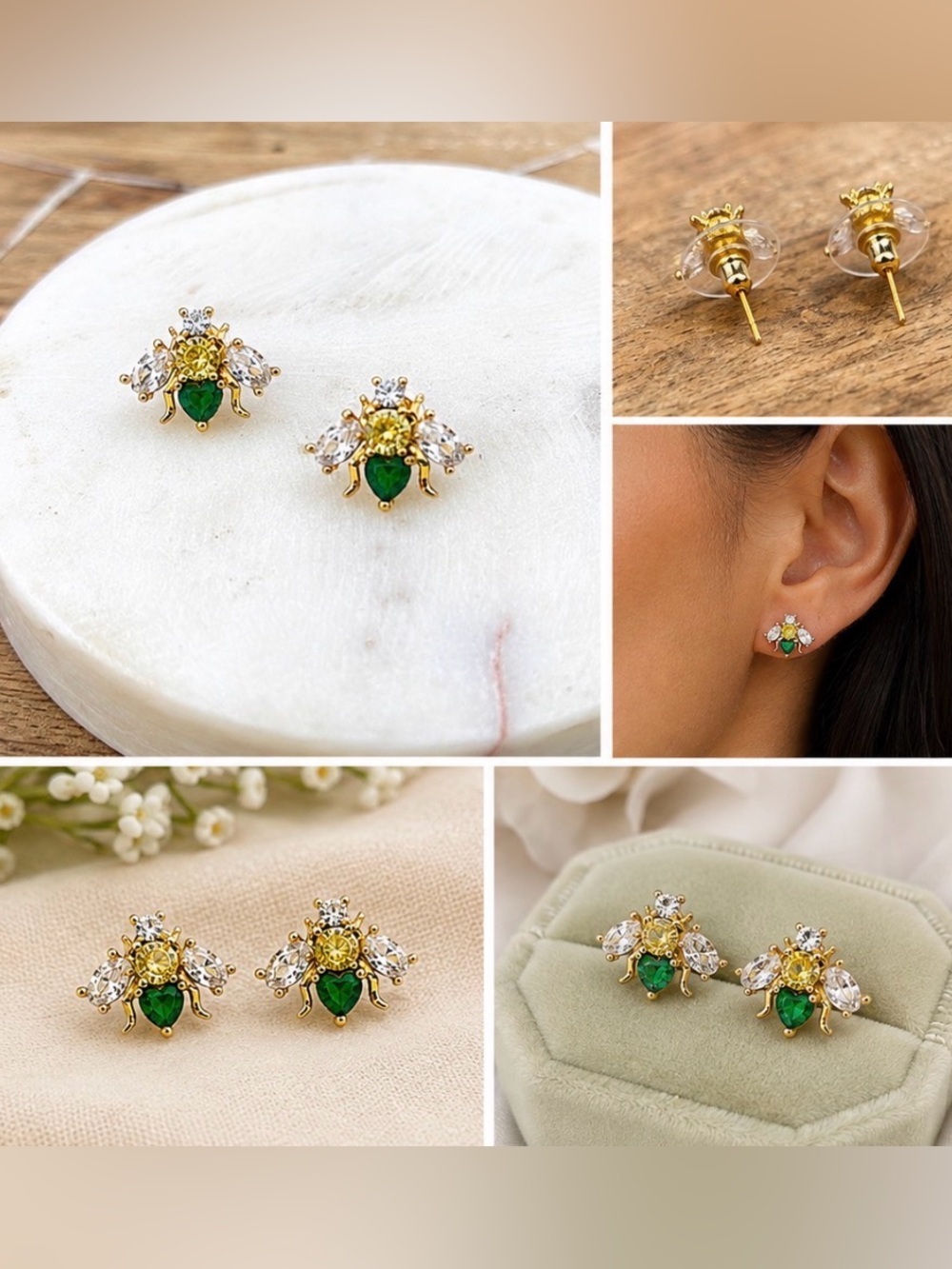 Green Crystal Bee Stud Earrings | Gold-Tone Rhinestone Insect Earrings